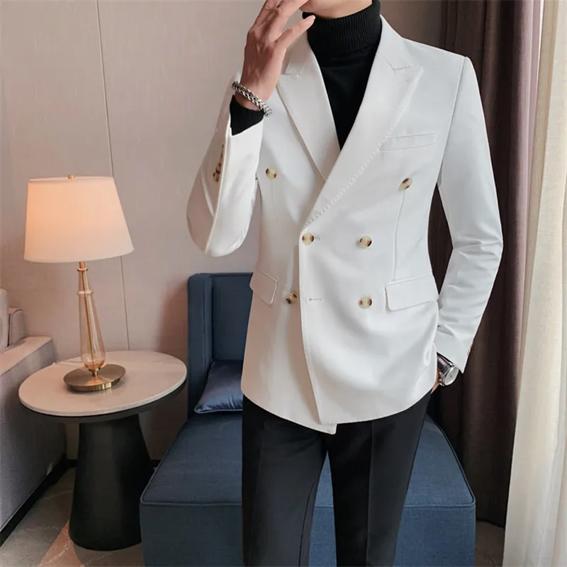 Autumn British Style Slim Fit Double Breasted Blazer Men 2022 New Business Casual Suit Coats Male Office Wedding Groom Tuxedo