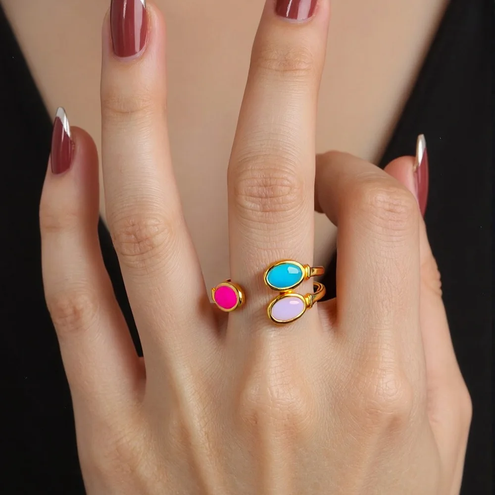 DIEYURO 316L الفولاذ المقاوم للصدأ الملونة يقطر النفط يترك فروع حلقة مفتوحة المرأة موضة جديدة موجزة خاتم مقاوم للماء