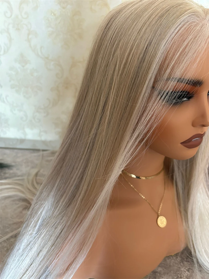 Aschblonde Lace-Front-Perücke, synthetische Perücken für Frauen, lang, seidig, gerade, hellblond, Highlights, leimloser Haaransatz, tägliche Party