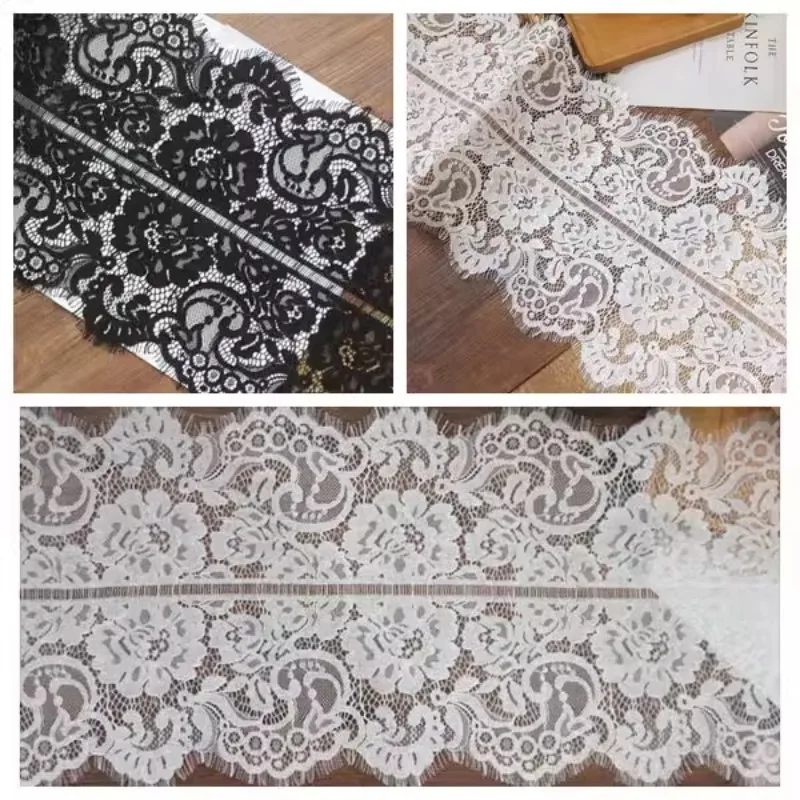 (1 yards/roll) Lace fabric 2024 high quality contains cotton bone, eyelashes black and white bilateral garment patchwork