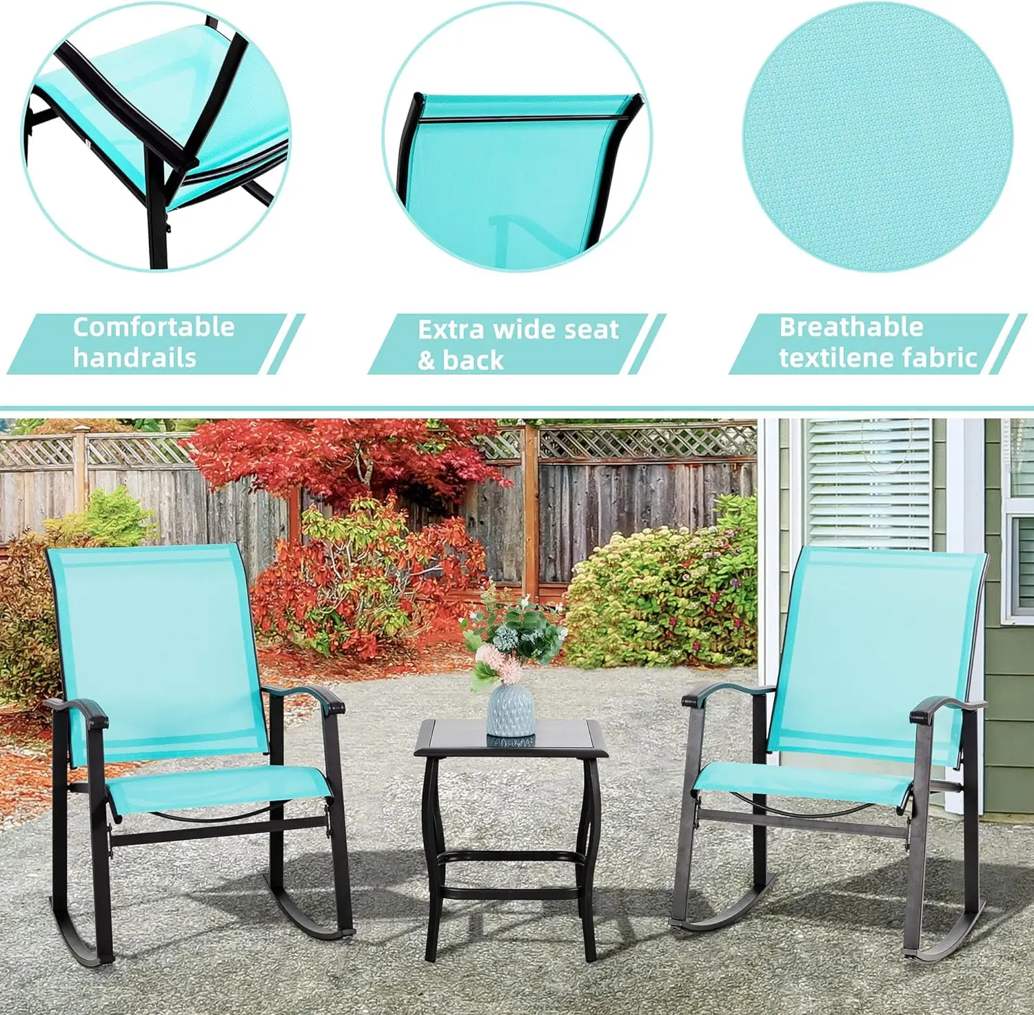 3 Piece Outdoor Rocking Bistro Set, Textilene Fabric Small Patio Furniture Set, Front Porch Rocker Chairs Conversation