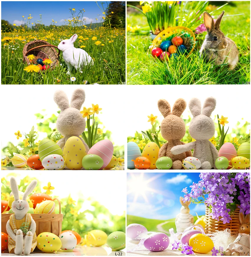 Cute Rabbit Bunny For Easter Photography Backdrops Countryside Green Grass Eggs Spring Sunshine Flowers Backgrounds Wall Decor