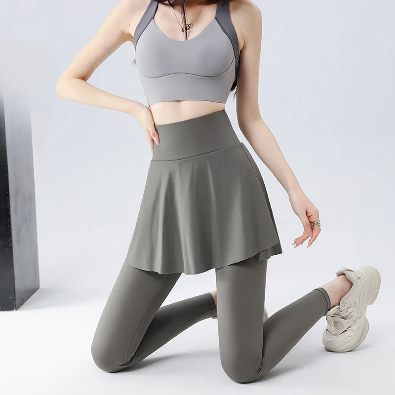 

Spring Woman Casual Fake Two Pieces Culotte Leggings Women High Waist Slimming Yoga Fitness Shark Leggings Sports Pantskirt Q891