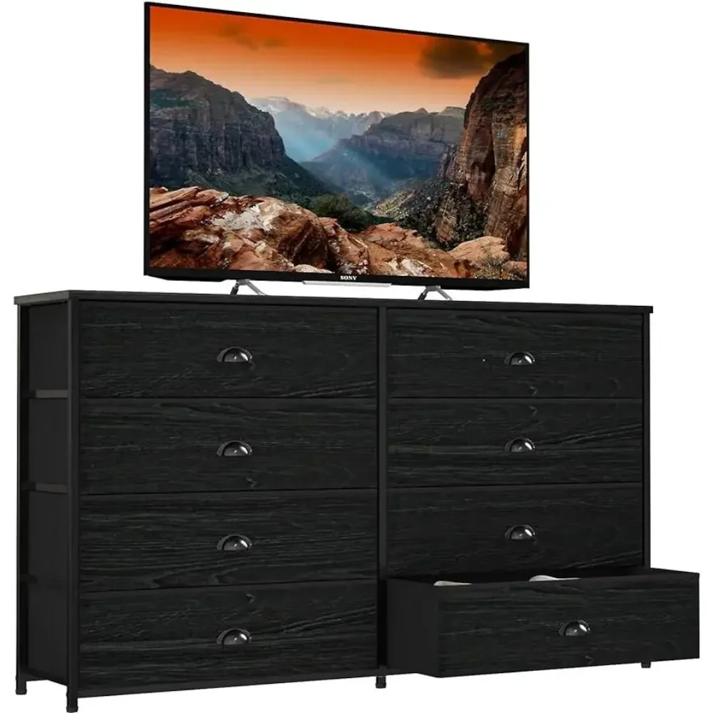 40/47 In Wide Dresser w/ 8 Fabric Drawers, TV Entertainment Center with Storage for 55'' TV, Large Chest of Drawers,Black Oak