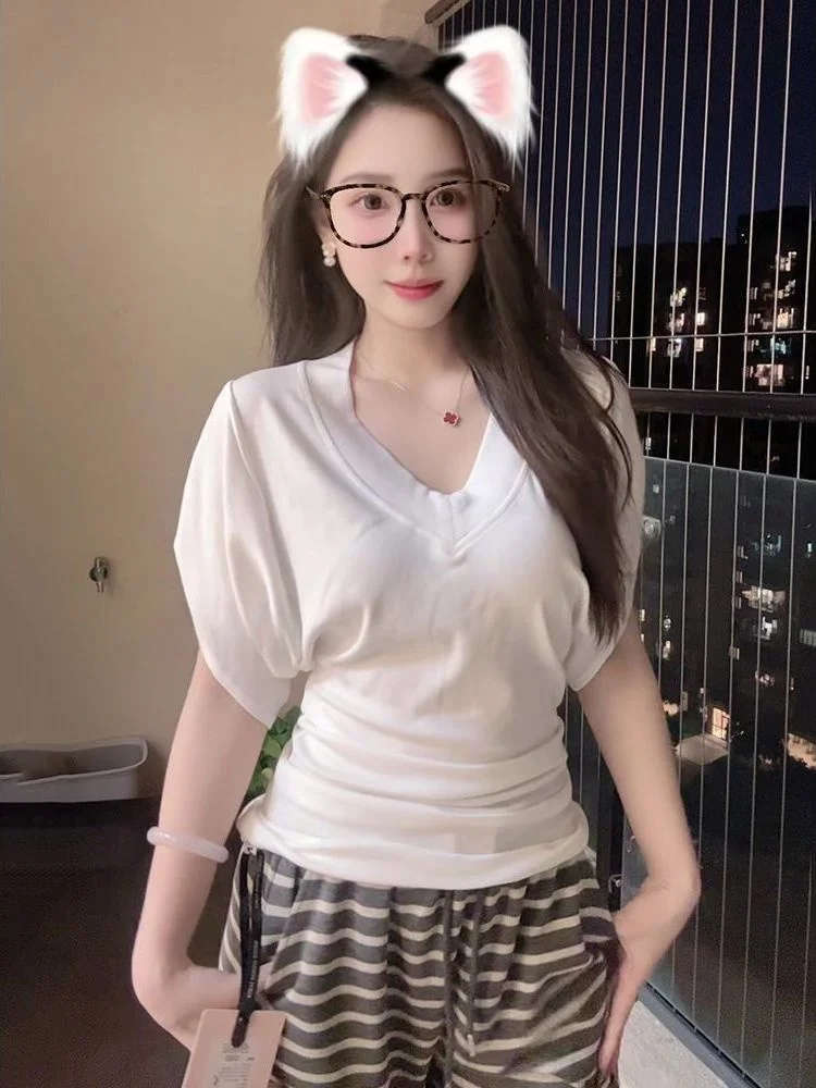 Pure Cotton V-Neck T-Shirt Loose Fit Casual Style Drawstring Waist Summer New Arrival Women's Fashionable Lazy Atmosphere Shirt