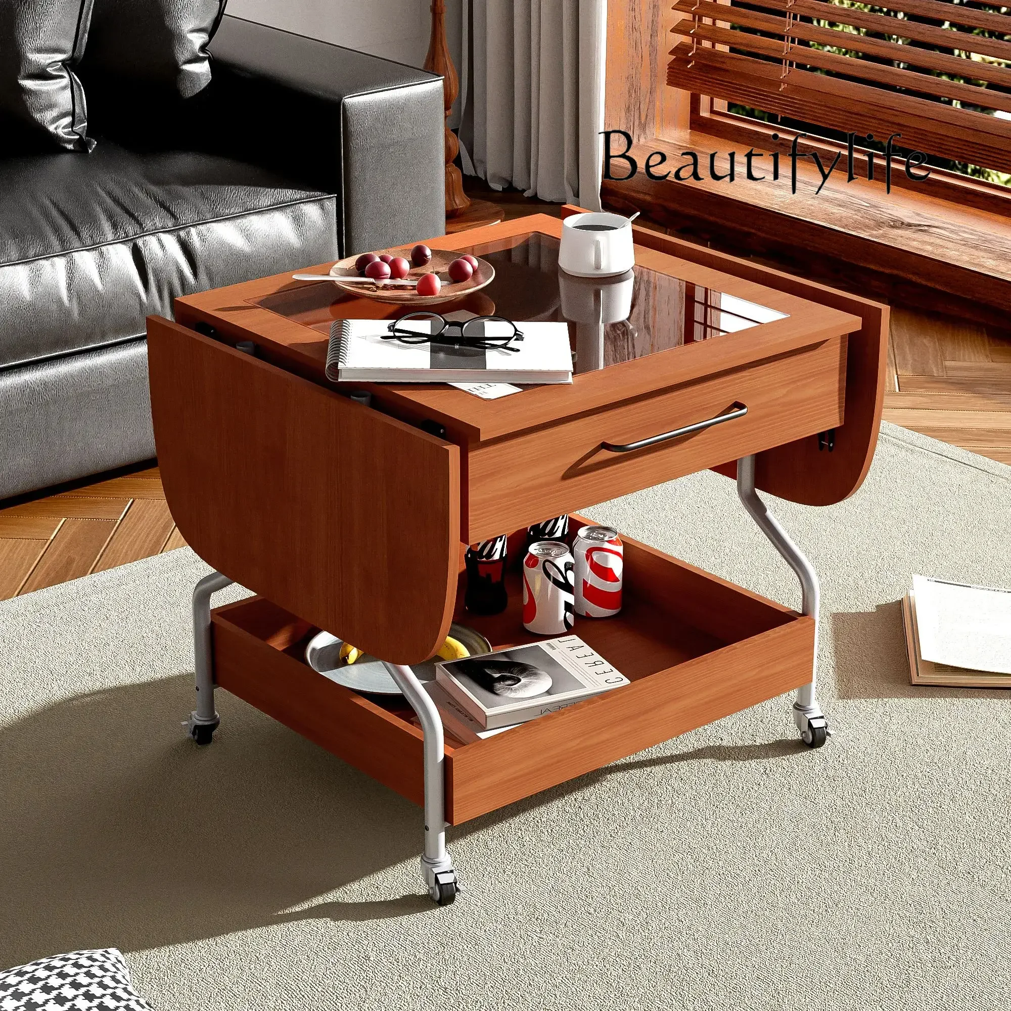 Modern Extended Coffee Table with Wheels, with 1 Drawer and 2-Tier Storage, Metal Frame Wood Coffee Table
