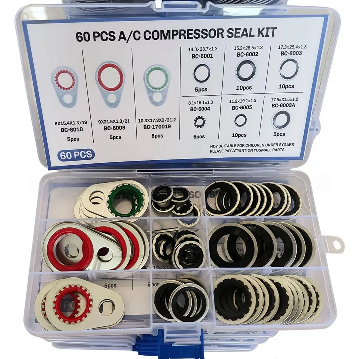 Compatible 60 PCS A/C System Compressor Gasket Seals, 9 Sizes Automotive AC Port Seal Washer Kit for Universal Repairs