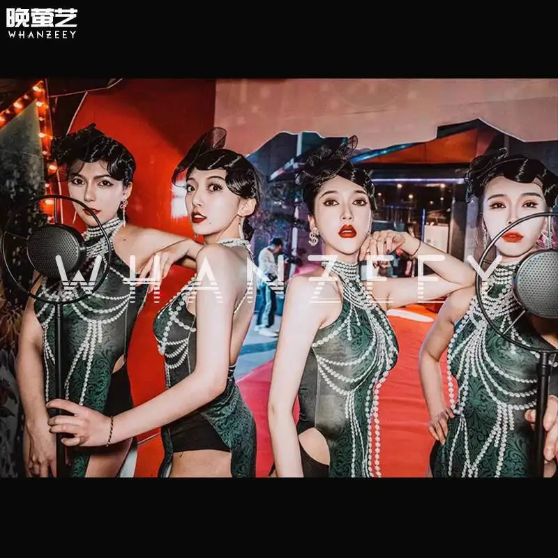 

Halloween Cosplay Art Bar Gogo Performance Dress Women's Cheongsam Green Slimming Pearl Print Nightclub DS Chinese Shanghai