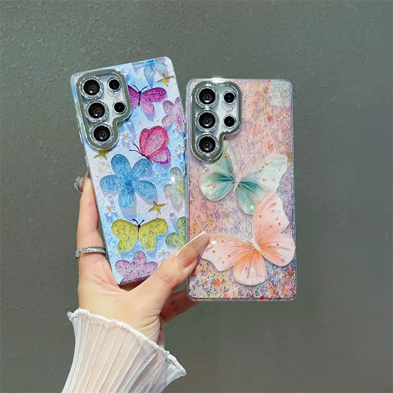 Luxury Oil Painting Flowers Butterfly Print Glitter Phone Case For Samsung Galaxy S26 S25 S24 S23 Ultra Plus Shockproof Cover