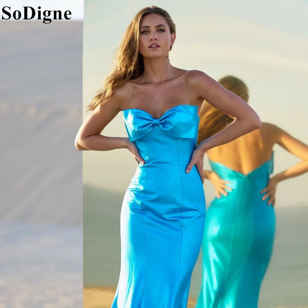 

SoDigne Blue Satin Evening Dresses Bow Mermaid Strapless Floor Length Backless Gala Party Dress 2024 Special Occasion Prom Gowns