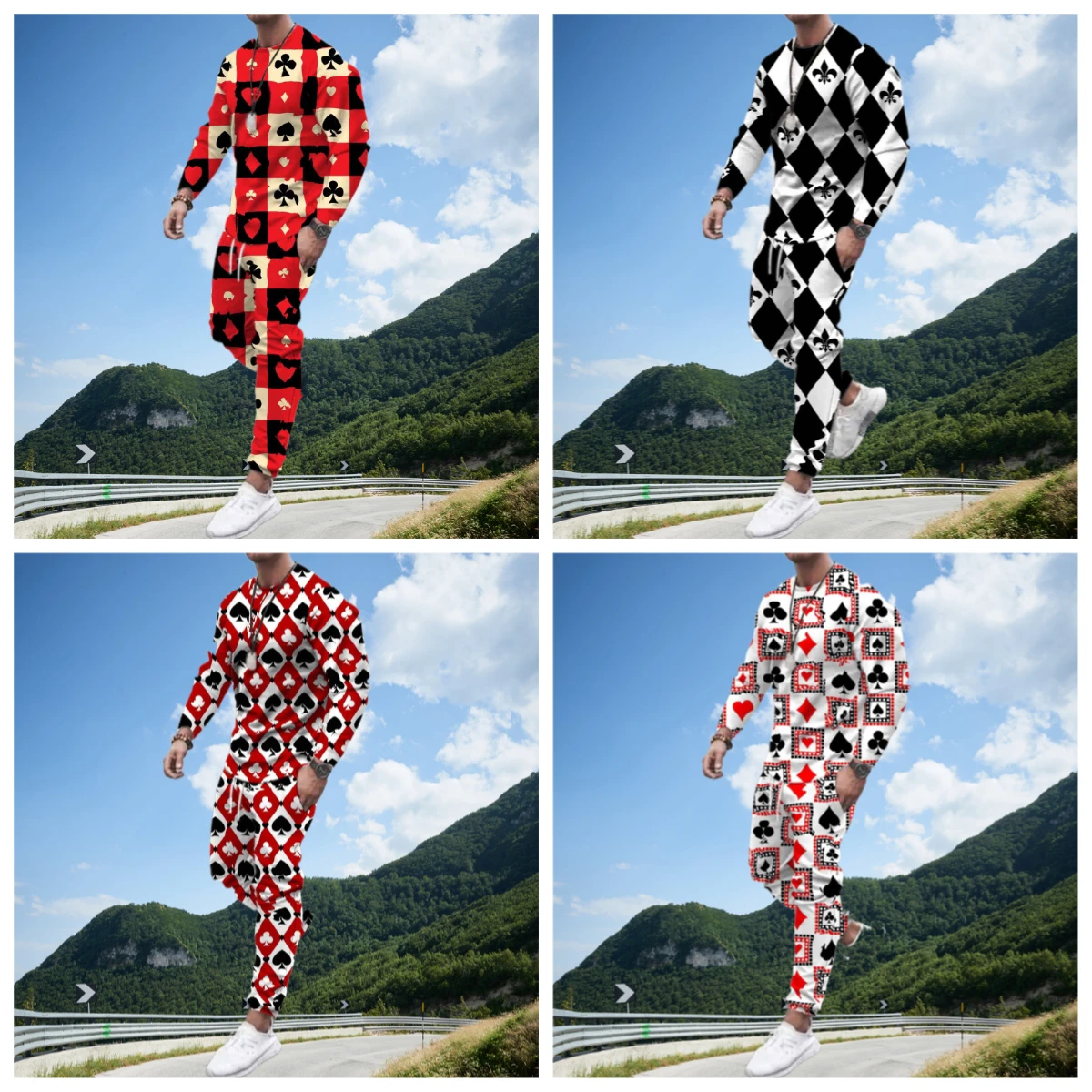 

Black Red Block Poker Men Sports T-Shirts Sets 3D Print Long Sleeve Tee Pants Suit Fashion Street Men's Clothing 2Pcs Jogger Set