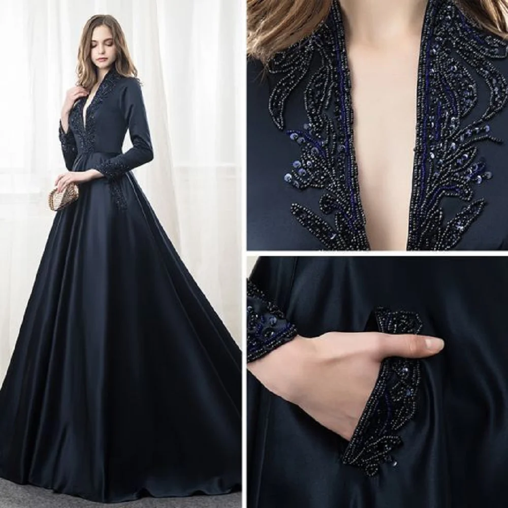 High-grade Fabric Deep V-neck Long-sleeved 2023 Beaded Style Side Pockets High Back Trailing Style Formal Ball Gown