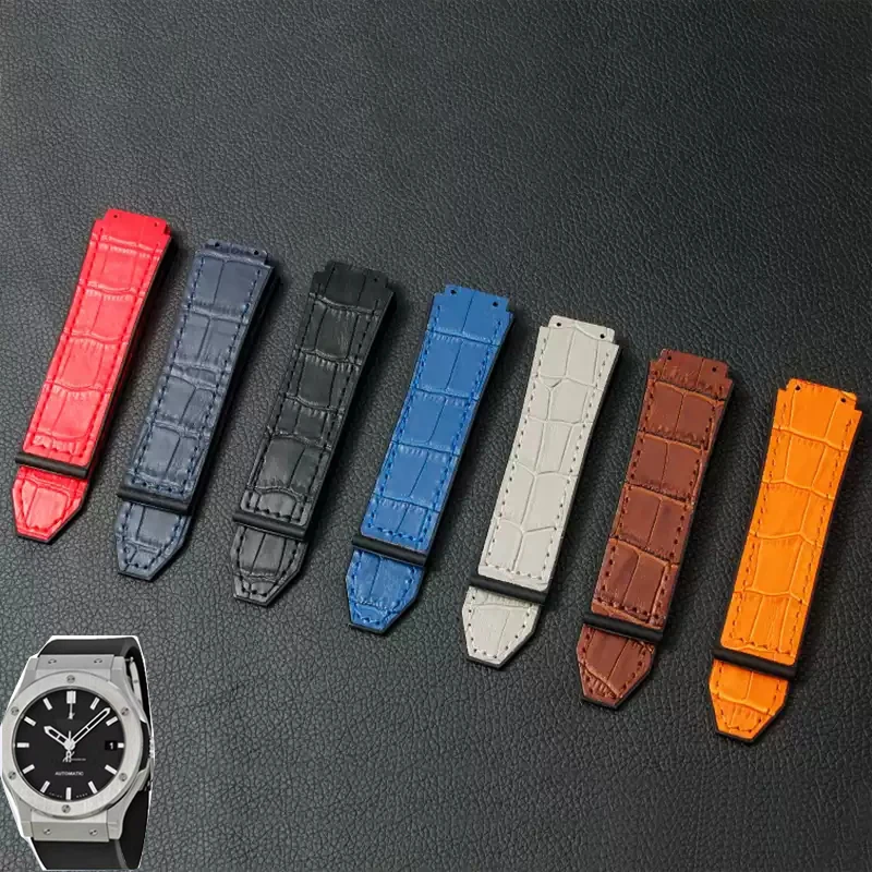 Pulseira de relógio de couro genuíno para hublot série big bang inferior silicone pulseira de relógio acessórios 25mm * 19mm com ferramentas