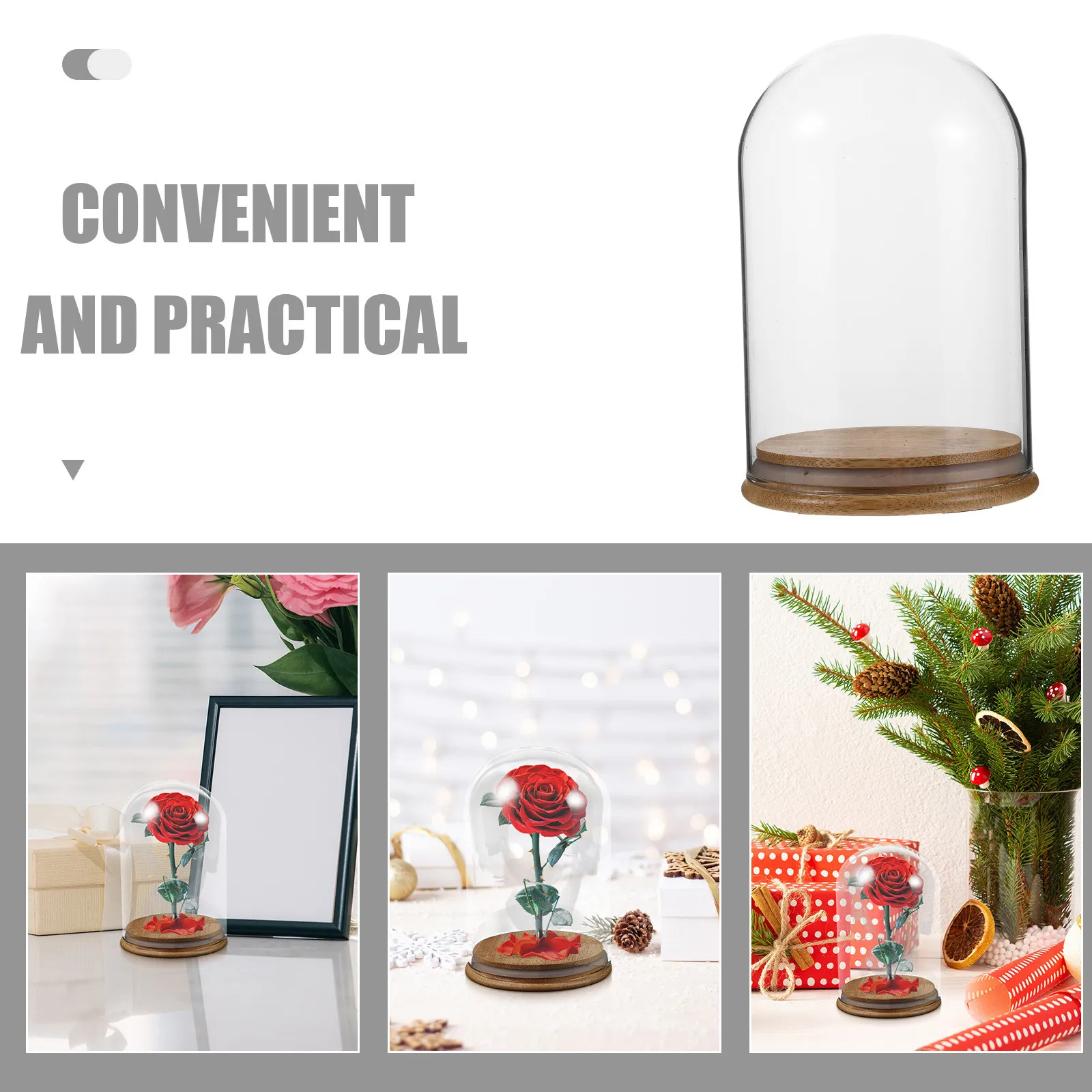 Glass Cloche Display Dome Bell Shaped Bamboo Base Clear Glass Dome Cover Display Case for Preserved Flower Keepsake Showcase