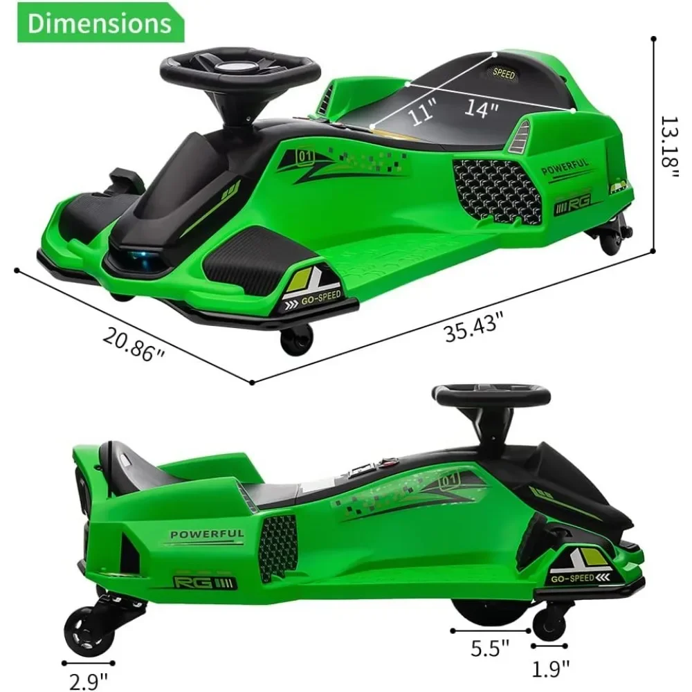 Electric Drifting Go-Kart Up to 7.5 mph Variable Speed, Built-in Music,Colorful LED Light,USB,Low-Power Alarm,Green