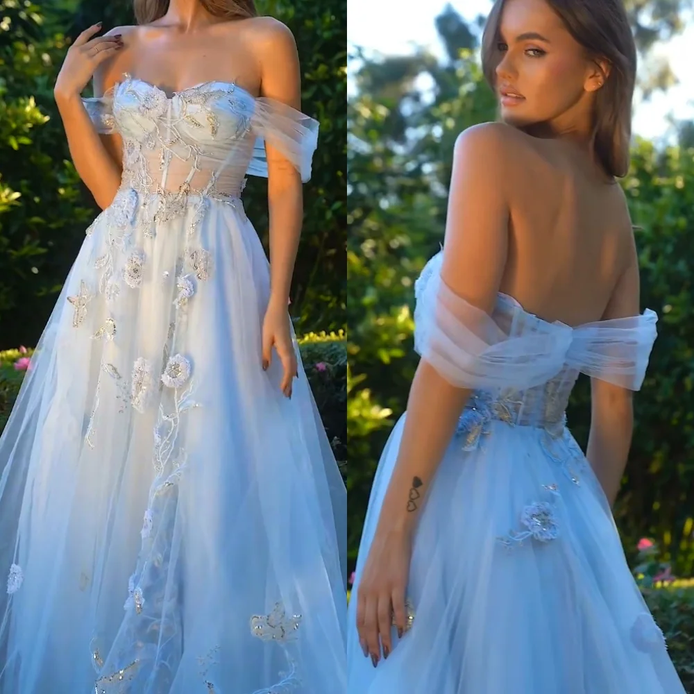 

Tulle Flower Sequined Beading Ruched Engagement A-line Off-the-shoulder Bespoke Occasion Gown Long Dresses