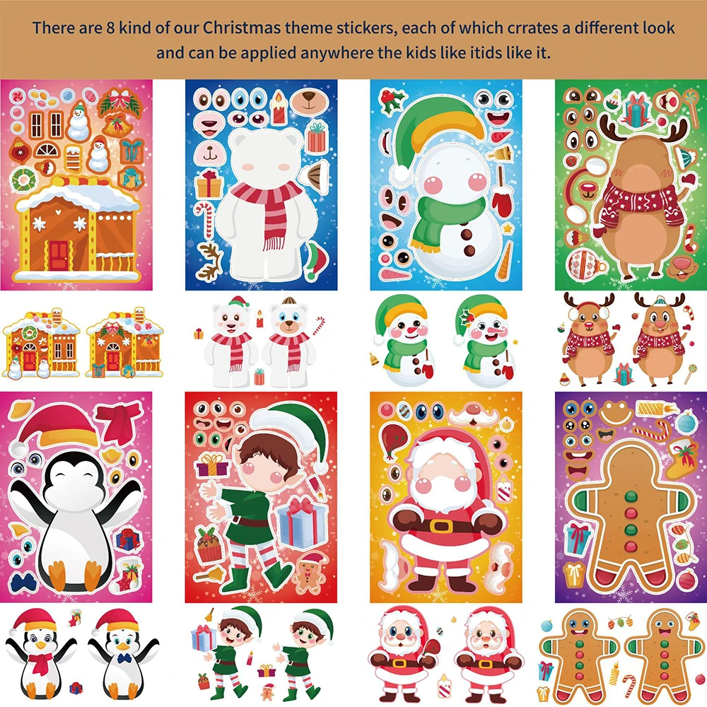 8/16Sheets Christmas Make-a-Face Puzzle Stickers Game Children Create Your Own Santa Snowman Kids DIY Assemble Jigsaw Toys Gift