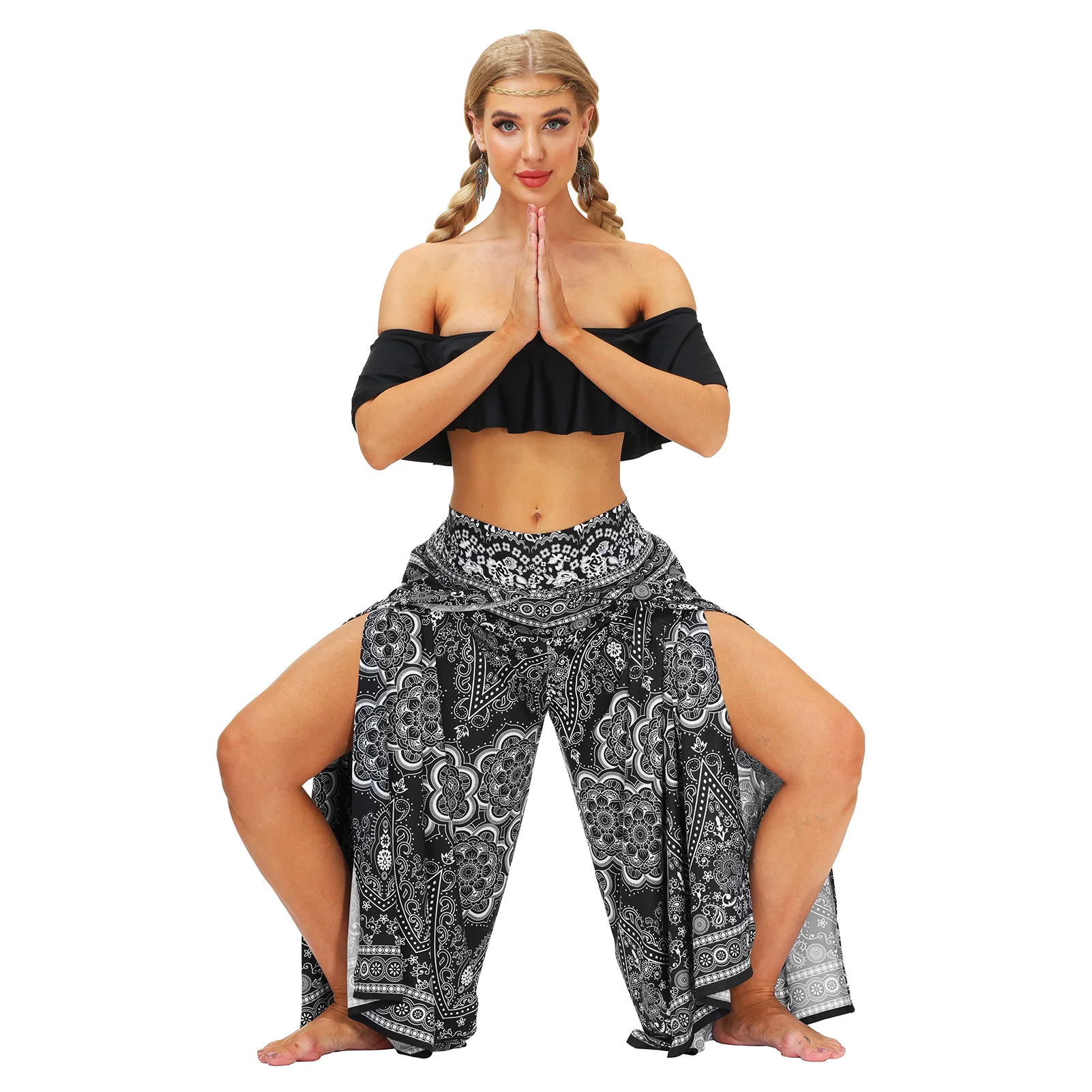 Women Split Wide Leg Elastic Waist Boho Harem Pants Palazzo Split Loose Yoga Trousers