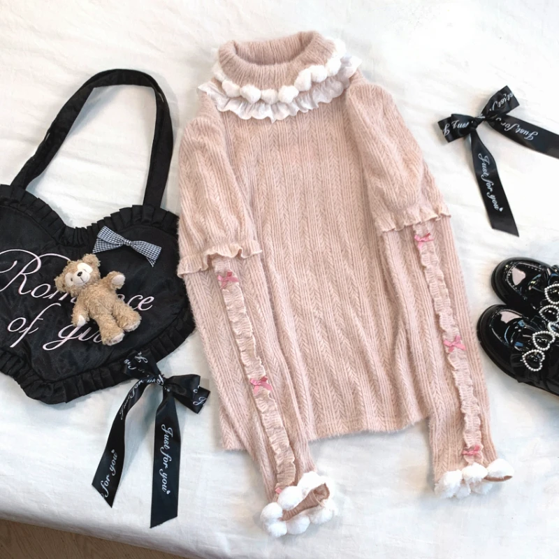 Pink Japan Kawaii Lolita Knitted Sweater Women Sweet Plush Ball Turtleneck Pullover Female Vintage Elegant Slim Knit Jumpers Top