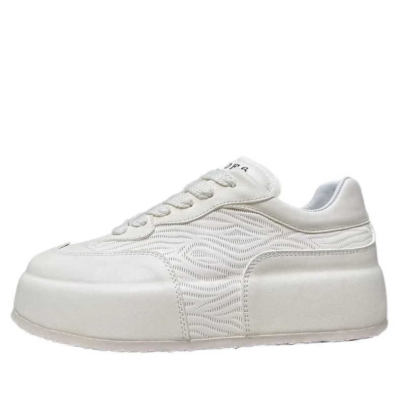 

Genuine Leather 3D Punching Design Height Increasing Shoes for Men's European Wide Version Bread Shoes White Casual Board Shoes