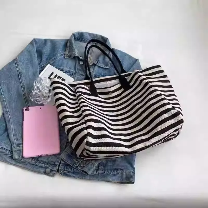 Large Capacity Canvas Tote Bag for Women, New Striped Shoulder Bag for Commute & Travel, Daily Handbag for Mommy view 4