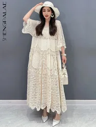 SHENGPALAE Lace Dress With Mid Sleeves Large Hem 2024 Spring Summer New Hollow Out Elegant Lady Fashion Loose Women Robe 5R9579