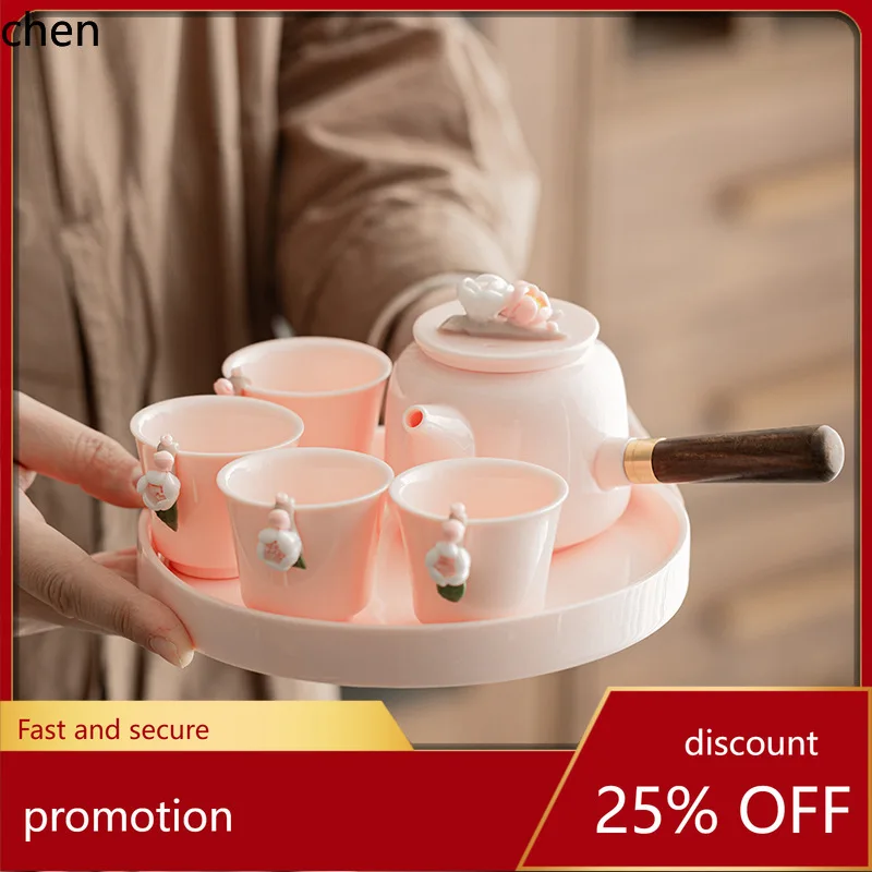 

H1 handmade flower powder clay side handle teapot one pot four cups women's teapot teacup ceramic kung fu tea set suit