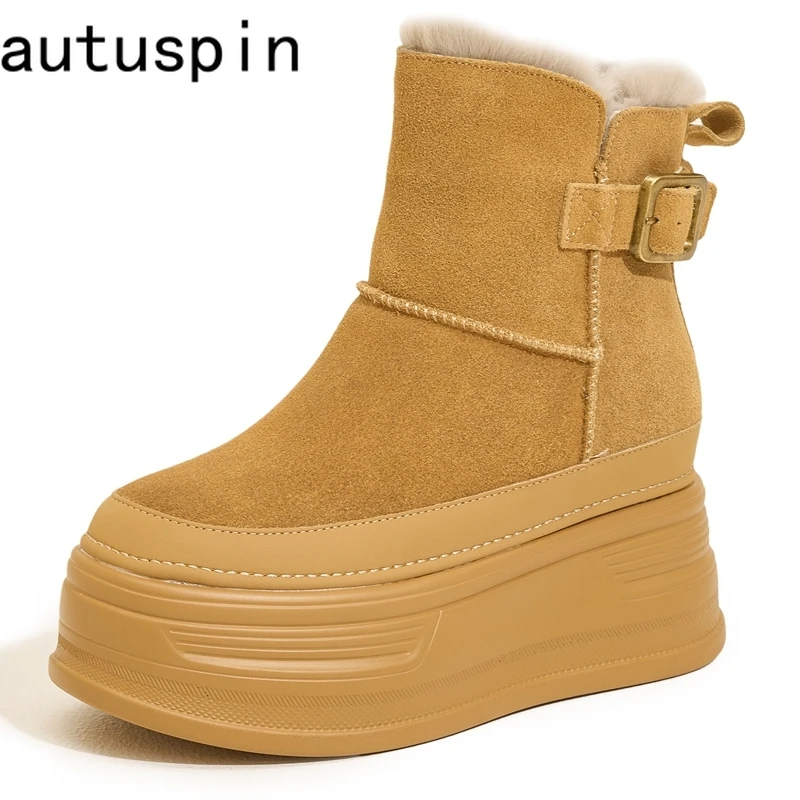 

AUTUSPIN New Suede Leather Flats Platform Ankle Snow Boots Women Fashion Round Toe Thick Soled Shoes Winter Warm Female Booties