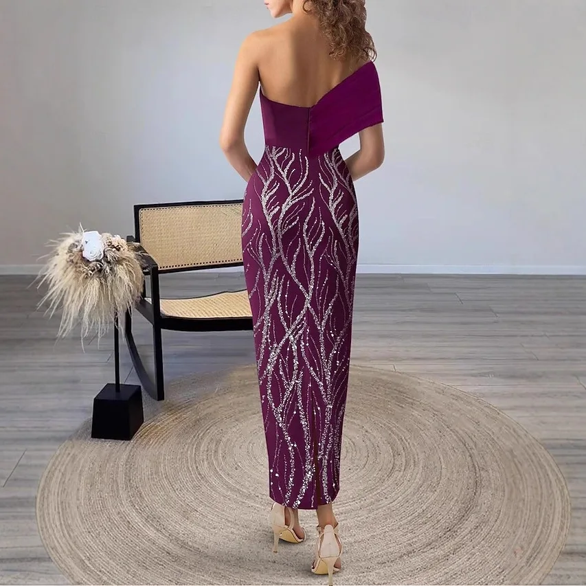 Abito da sera moderno tubino viola formale monospalla con paillettes perline alla caviglia abiti da ballo di fine anno Robe De Soiree