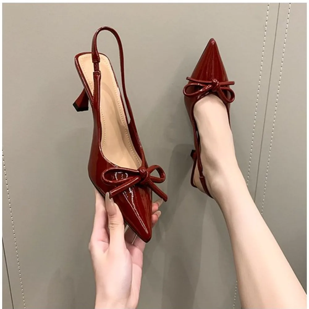 

Women's Pointed Toe Bow Wrapped Toe Sandals Summer New Back Trip Band French Stiletto Kitten Heel High Heel Single Shoes
