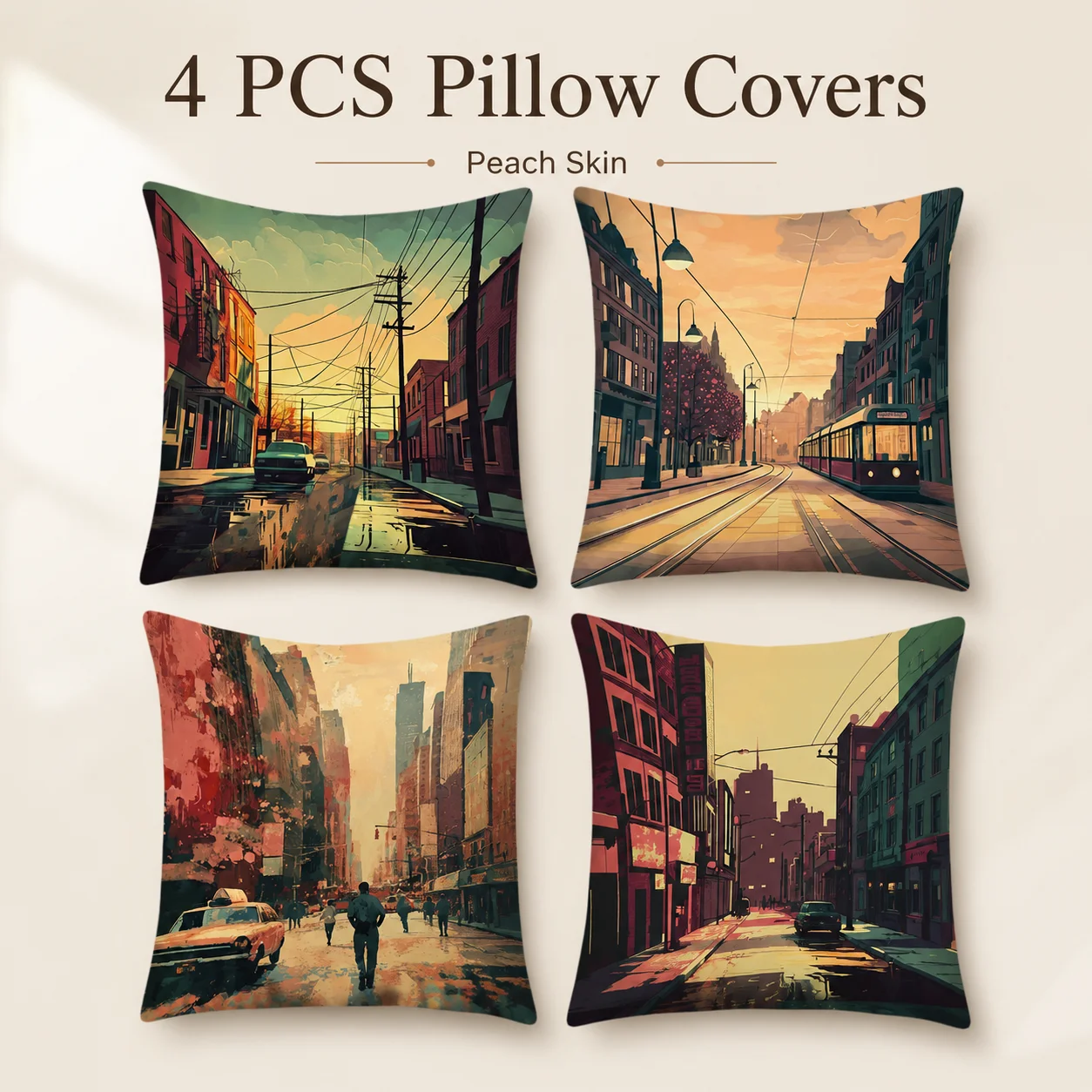 

4 Pcs Artistic Sunset City Street Cushion Covers 2D Flat Printed Peach Skin Tram Scenery Pillowcase Living Room Sofa Decor