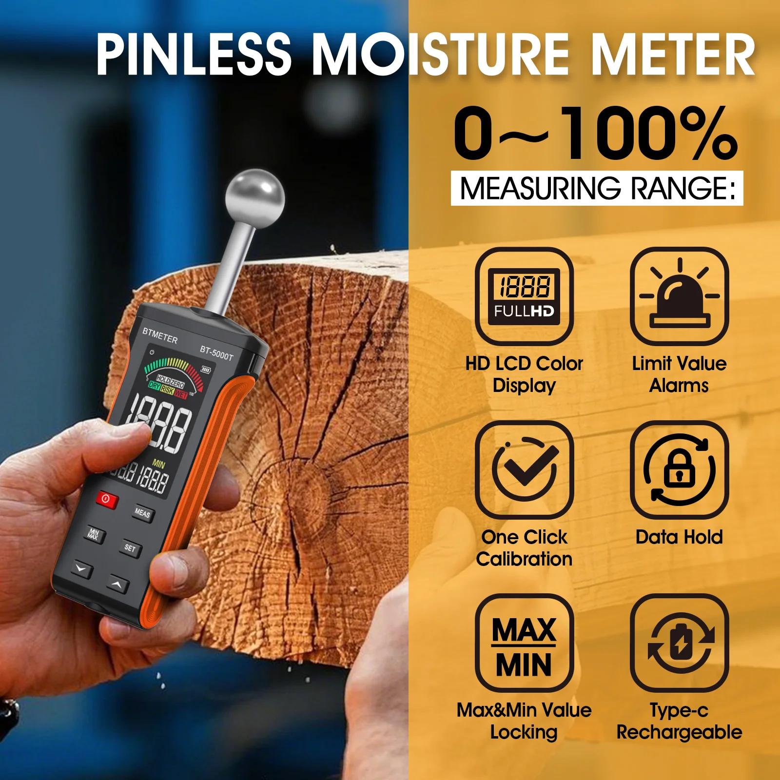 BT-5000T Non-Destructive Moisture Meter Pinless 0-100% HD Color Display for Wood Concrete Wall