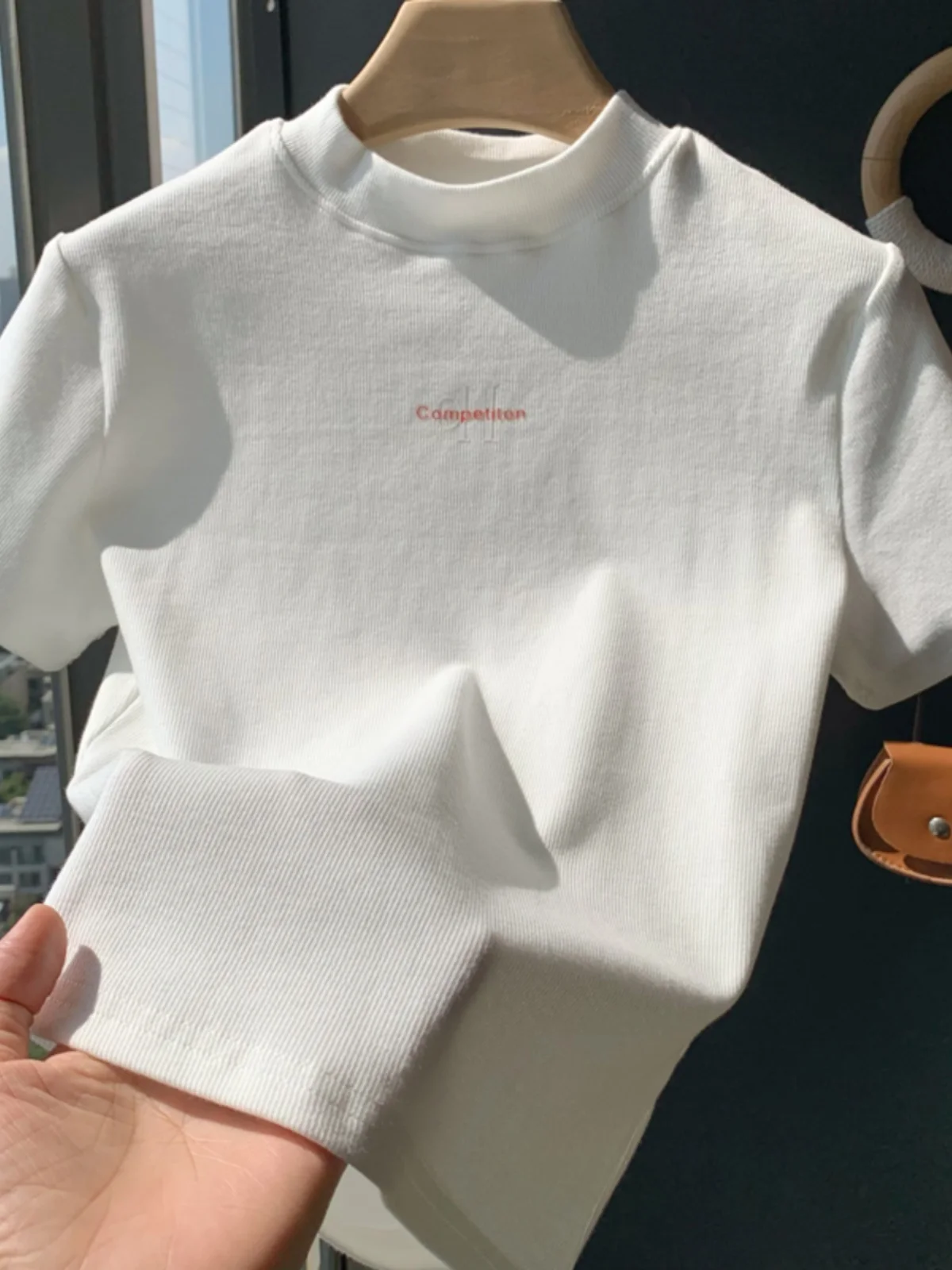 White Slim Fit ort Sve T-irt Women's Summer New Sle Printed Commute Sle Korean Version Cotton Polyester Blend