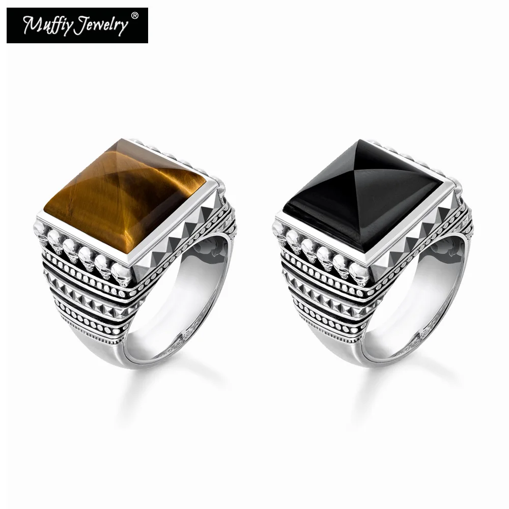 Ring Brown Tiger Eye Stone Black Onyx With Skull Design 925 Sterling Silver 2022 Brand New Fine Rebel Jewelry For Men Women