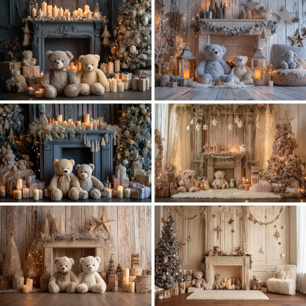 

Toy Bear Christmas Room Background Golden Xmas candle Pine Tree Window Backdrop Gift Kid Winter Photography Studio Prop