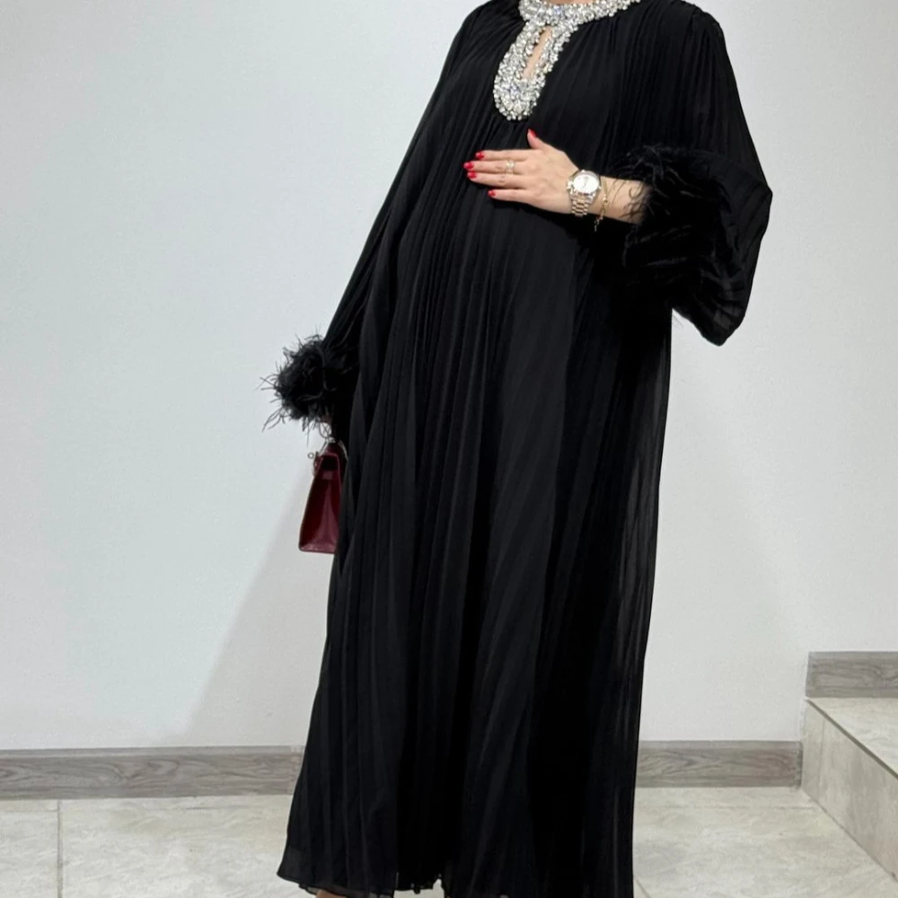 Eid Muslimisches Partykleid für Frauen, Ramadan, Diamanten, Federn, Abaya, lange Kleider, Kaftan, Vestidos, Dubai, Robe, Jalabiya, 2025, Abays