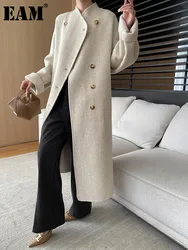 [EAM] Camel Big Size Thick Long Woolen Coat New Stand Collar Long Sleeve Women Jacket Fashion Tide Autumn Winter 2024 Dark Gray