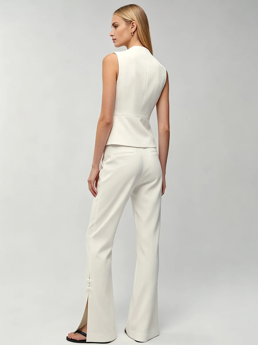 LIMO Women White Chinese Frog Button Sleeveless Vest  Suit  Waist Flare Pants Elegant Office Formal Matching Outfit Set - view 2