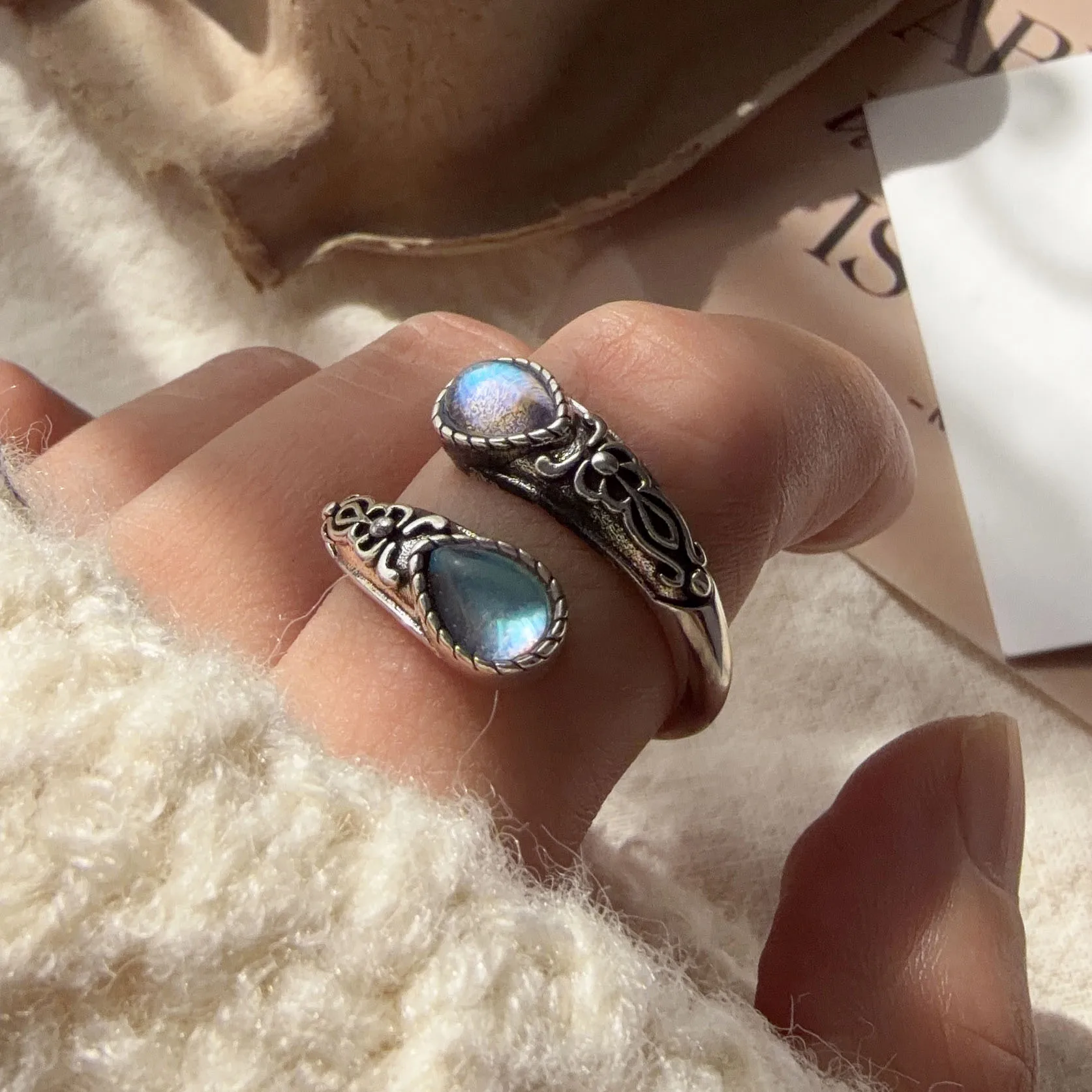925 Sterling Silver Rings For Women Geometric Fine Jewelry Finger Adjustable Vintage BLue Stone Ring For Party Birthday Gift image 4