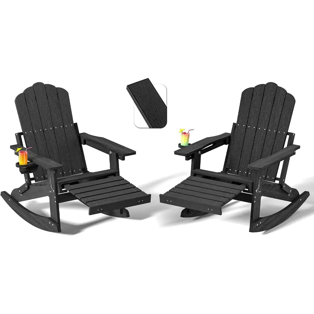 

6-in-1 Outdoor Rocking Chairs with Ottoman & Cup Holders, Set of 2 for Patio, Porch, Lawn in Black