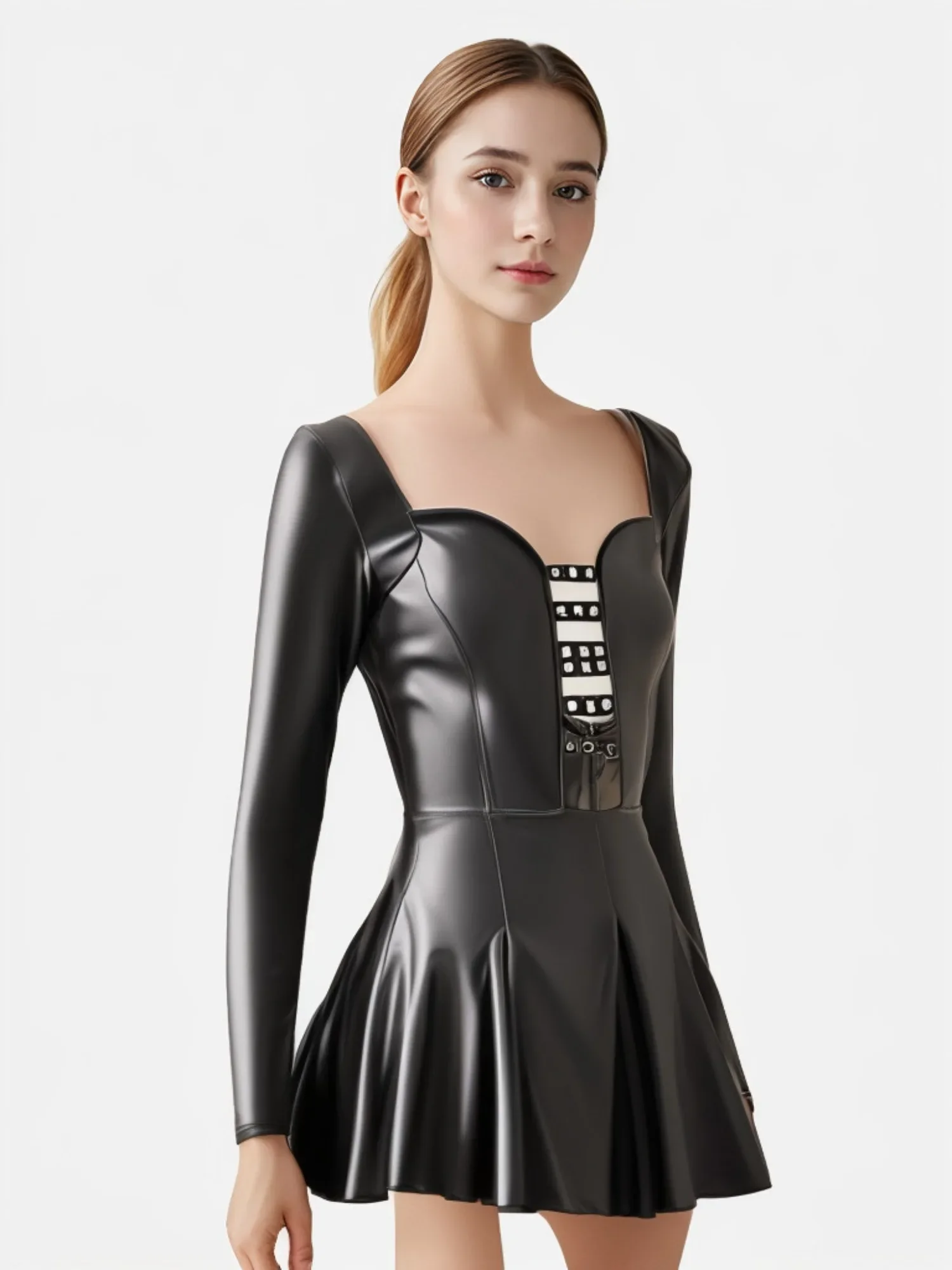 

Women Clothing Sexy Steampunk Wetlook Leather Corset Dress With Rocky Eyeletes Black Long Sleeve Night Corsets Overbust