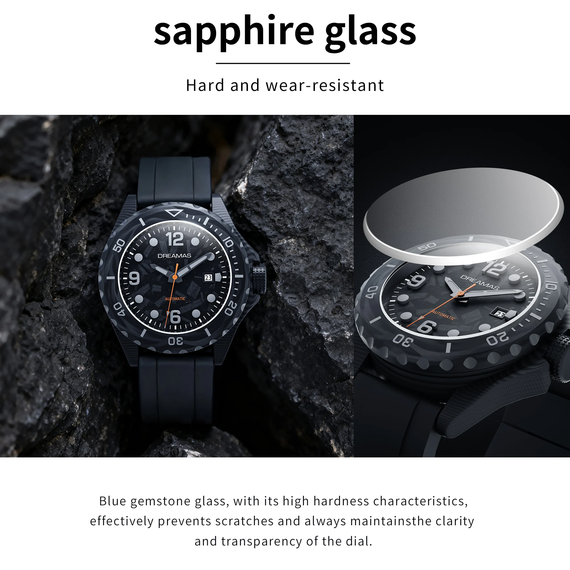DREAMAS Herren-Taucheruhr aus Kohlefaser, automatische mechanische Taucheruhr, 500 m wasserdicht, Schweizer 3D-Leucht-Sport-Armbanduhr – Detail 8