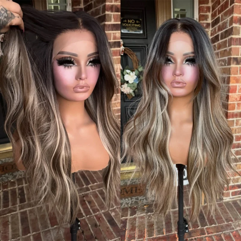 

28-дюймовый синтетический парик с HD-кружевной основой, омбре коричневый с блондом и платиновыми прядями, с предварительно проработанной линией роста волос и детским волоском