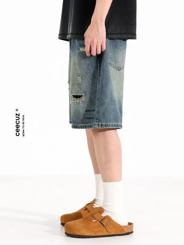 リップドアンティークストレートレッグデニムショートパンツメンズ夏新アメリカントレンディルーズワイドレッグ5点パンツ