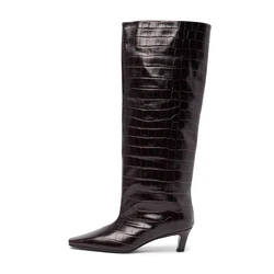 Arden Furtado 2025 Brown Crocodile grain Knee high boots Square toe Slip-on Stilettos heels Large tubular boots Large size boots