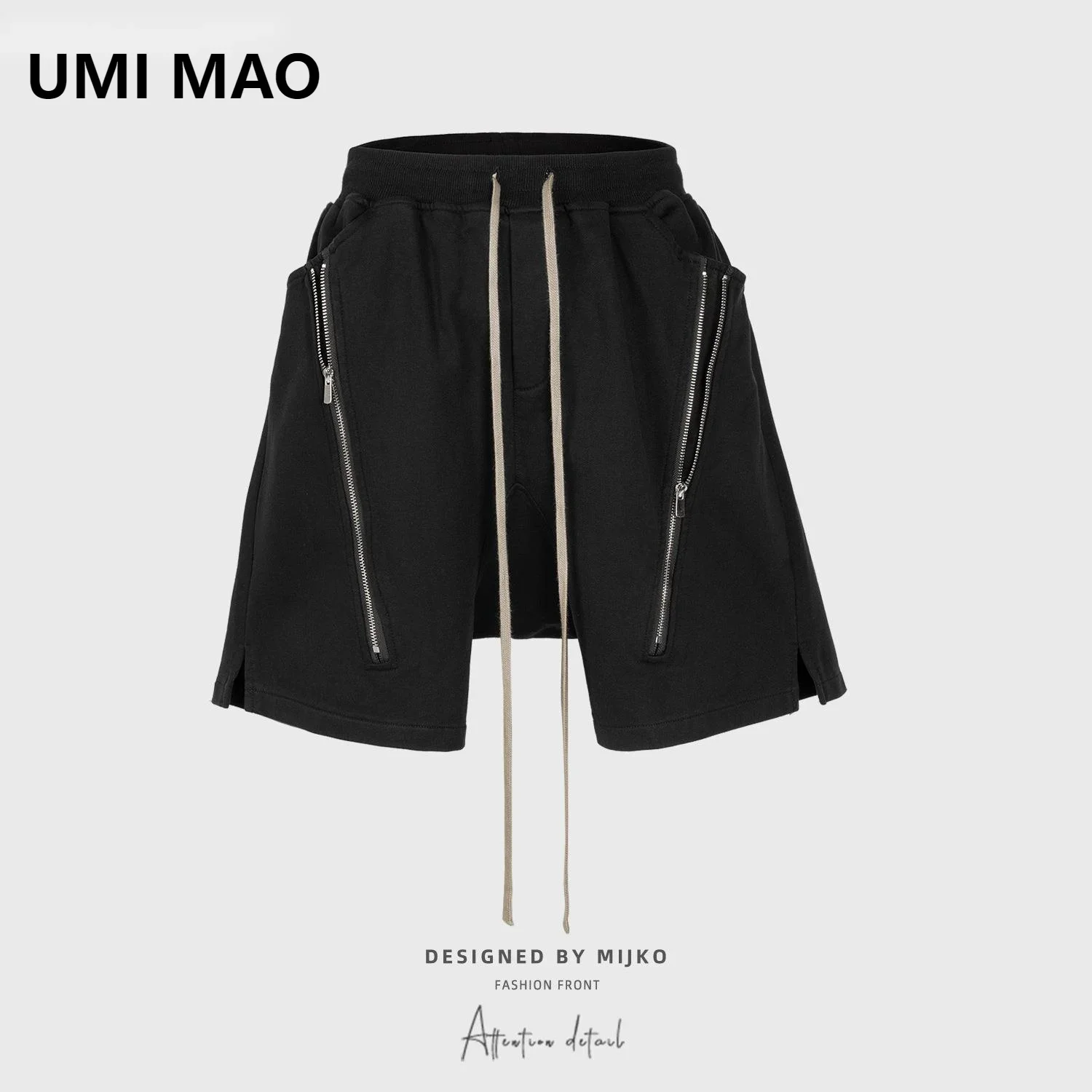 

UMI MAO Women's Wear Men's Spring Summer Hip Hop Unisex Casual Pants High Street Double Zipper Spliced Split Loop Shorts