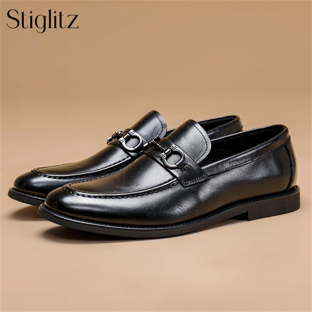 

Metallic Buckle Loafers for Men Luxurious Designer Style Leather Shoes Comfortable Breathable Business Dress Shoes Black Brown