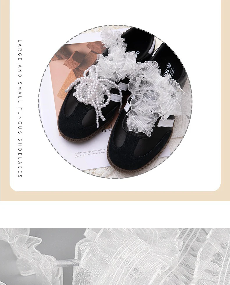 Spitzen-Schnürsenkel mit Pilzrand, Ballett-Stil, Perlen-Schleife, Schuhaccessoires, flache Schnürsenkel, Sneaker, Breite 1,2 cm/3 cm, Länge 80 cm/120 cm – Detail 4