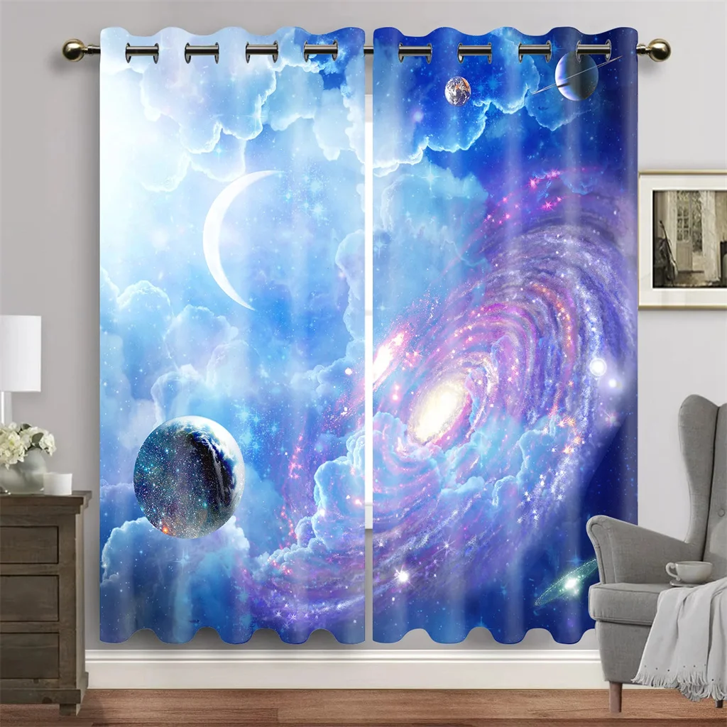 Cool Blue Purple Starry Sky Curtains 2 Panel Milky Way Starry Moon Curtains Kids Room Bedroom Living Room Decorative Curtains