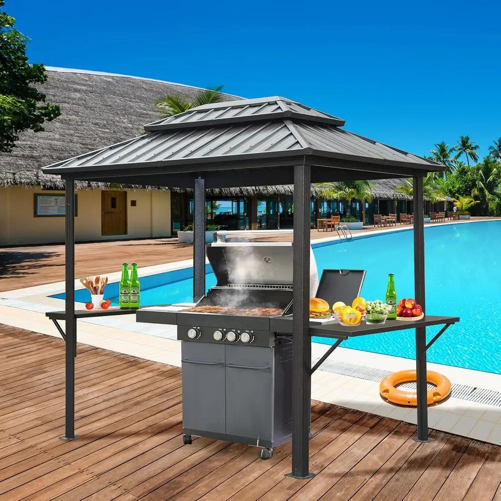 Outdoor Hardtop Grill Gazebo with 2 Shelves and Ceiling Hooks - Grey